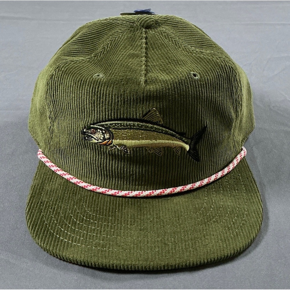 George Fishy Fellow Olive Green Corduroy Trout Fishing Snapback Hat Rope Cap NEW
